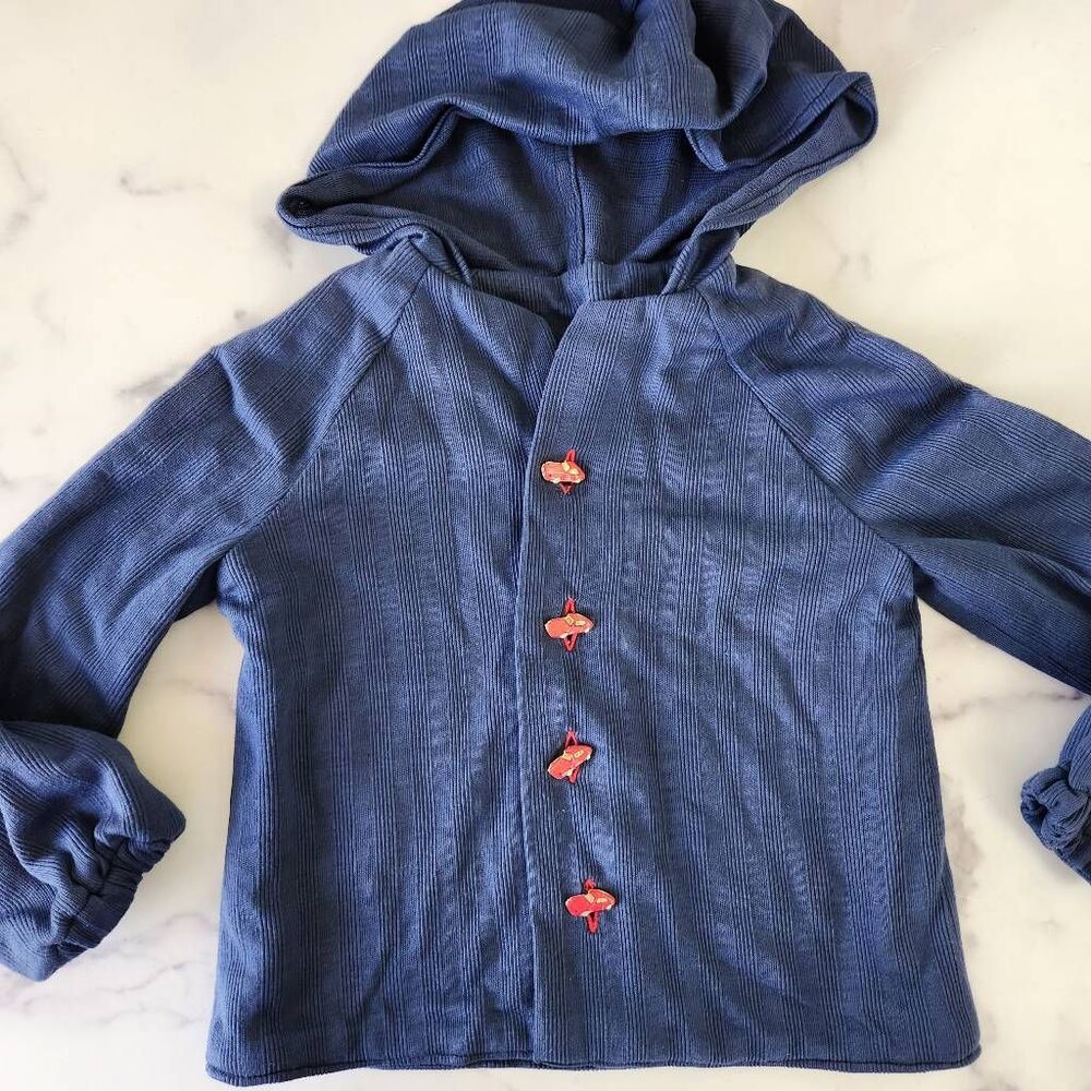 Kids unisex hoodie XS navy blue retro car buttons vintage hooded jacket
